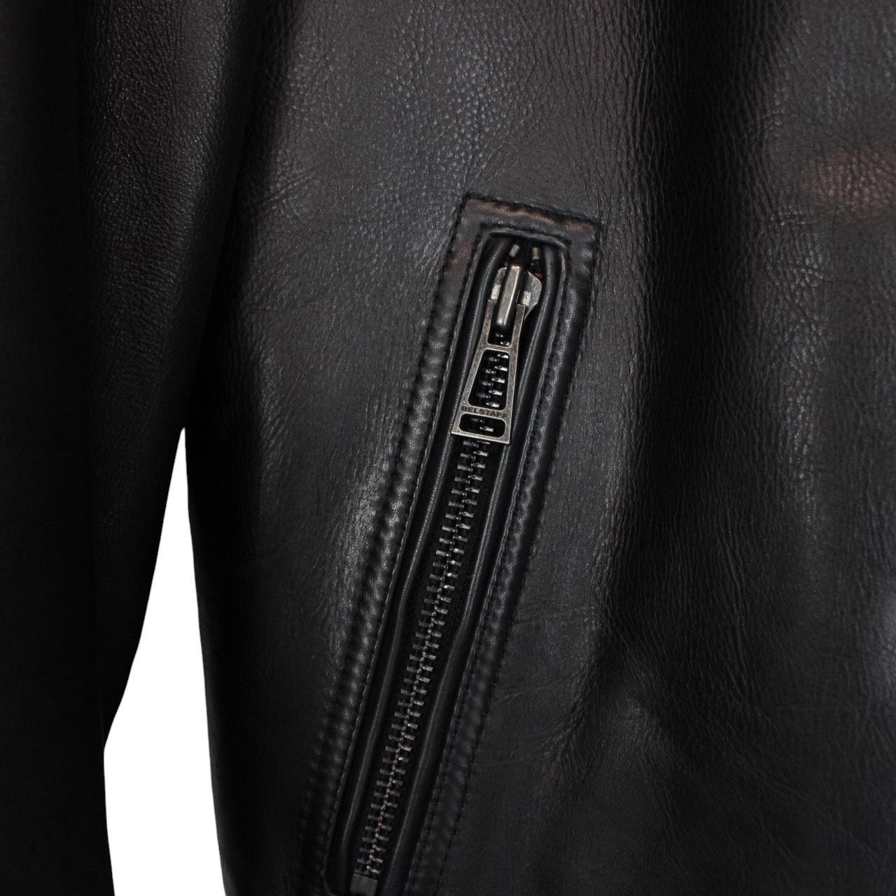 Belstaff black leather jacket with full zip and classic logo detailing.