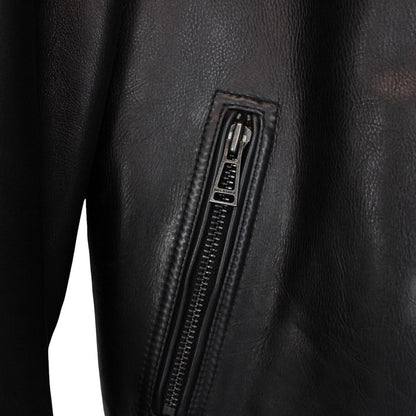 Belstaff black leather jacket with full zip and classic logo detailing.