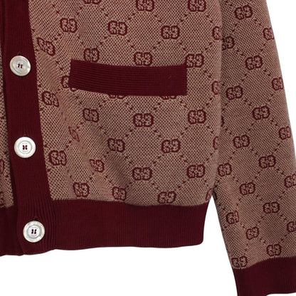 Gucci Bordeaux GG Jacquard Monogram Wool Blend Cardigan Jumper