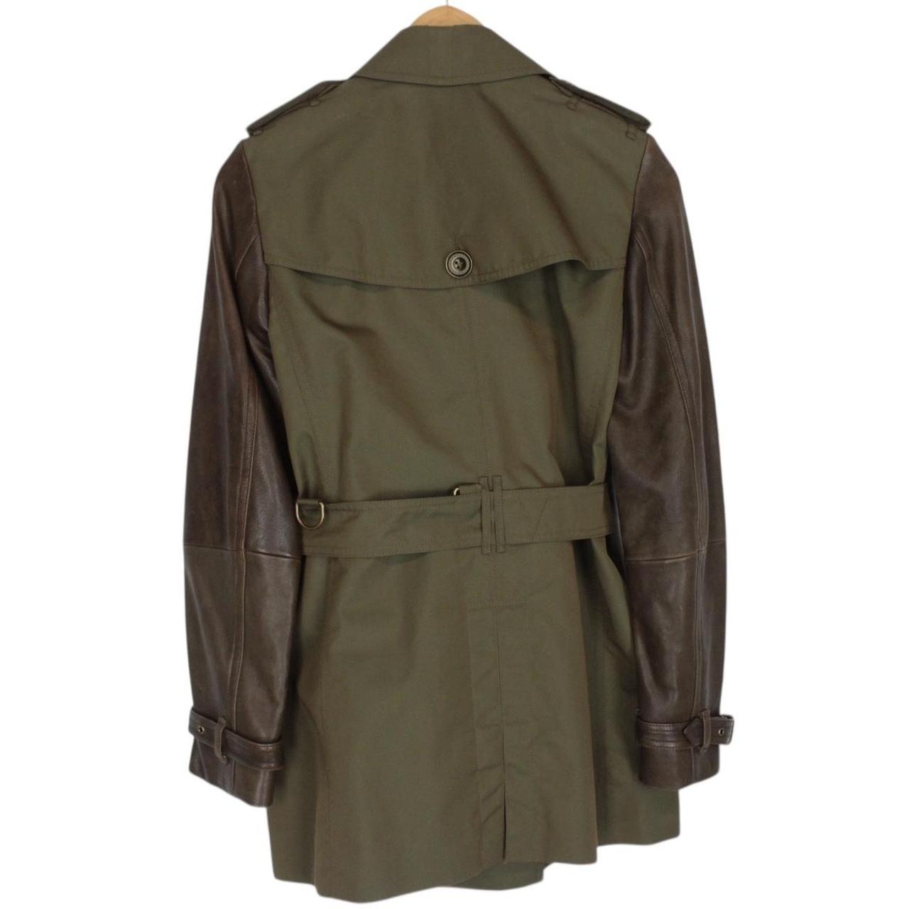 Burberry Brit Khaki Green Double Breasted Belted Leather Sleeve Trench Coat