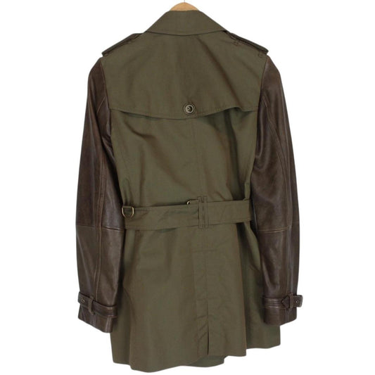 Burberry Brit Khaki Green Double Breasted Belted Leather Sleeve Trench Coat