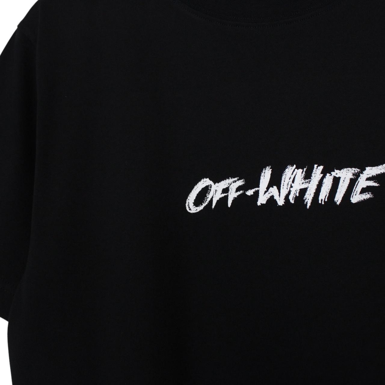 Off-White black cotton t-shirt with white logo print and short sleeves.