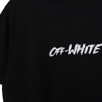 Off-White black cotton t-shirt with white logo print and short sleeves.
