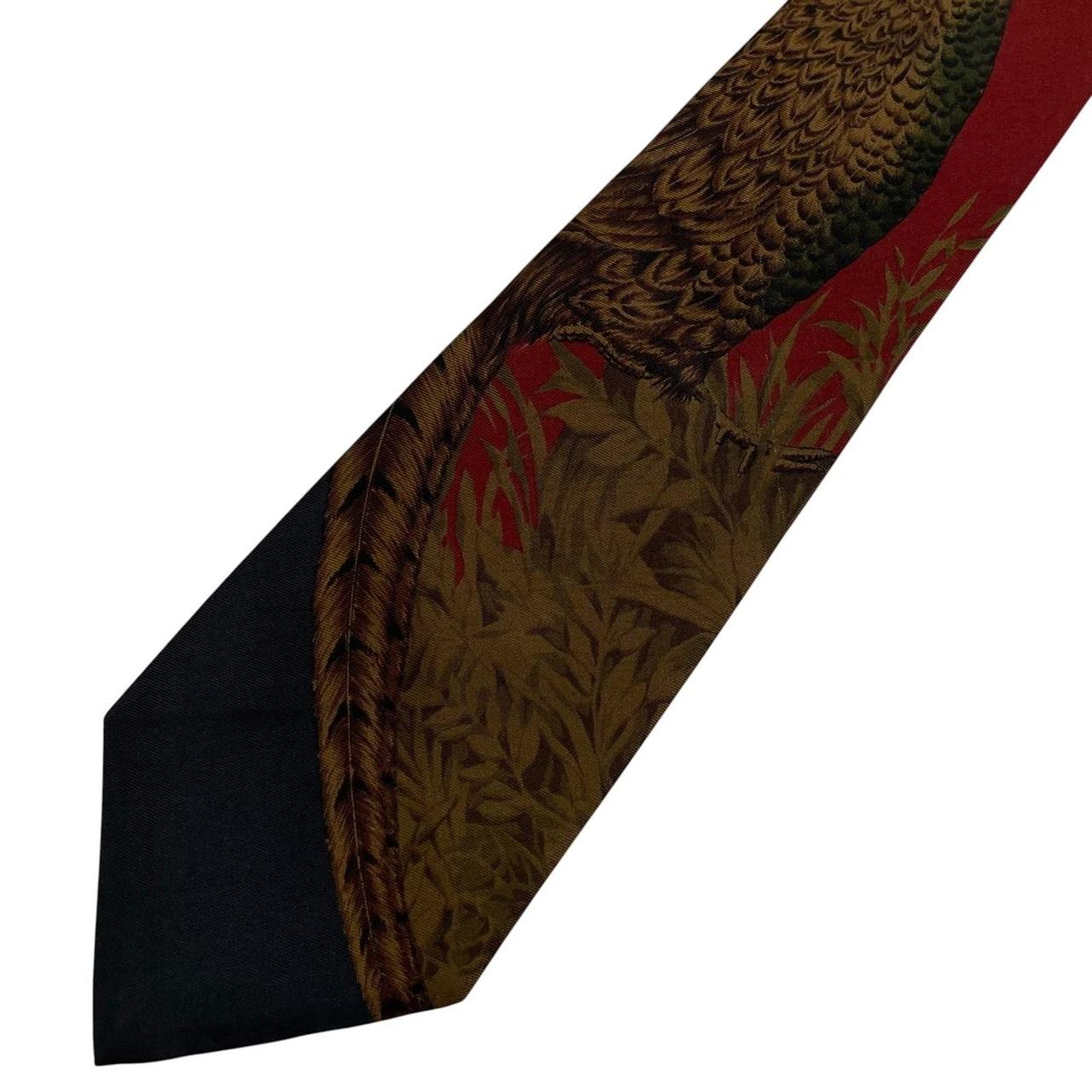 Polo Ralph Lauren burgundy silk tie with green pheasant print pattern.