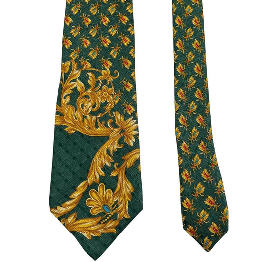 Versace silk tie green and gold baroque print with intricate design details.