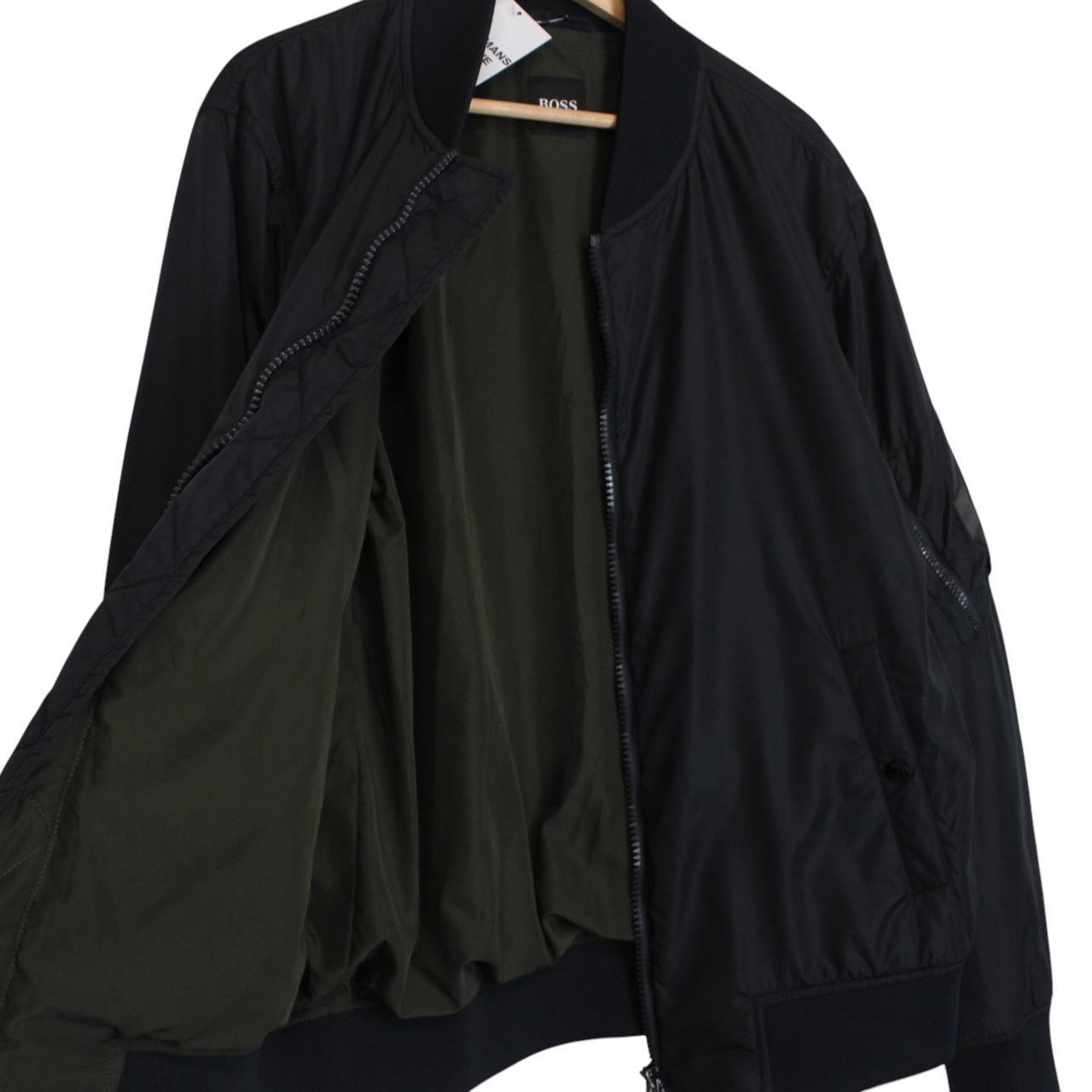 Hugo Boss navy blue bomber jacket full zip nylon with logo detail.