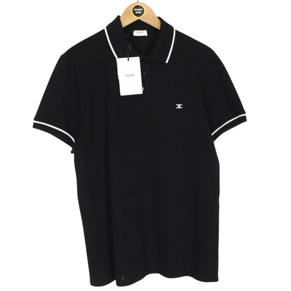 Celine Black and White Logo Embroidered Short Sleeve Cotton Polo Shirt