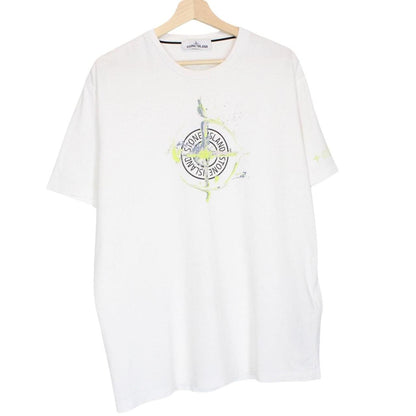 Stone Island white short sleeve cotton t-shirt with logo print and pocket detail.