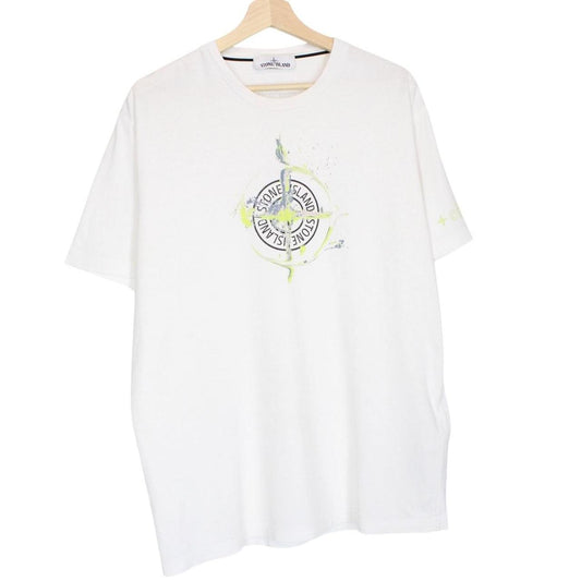 Stone Island white short sleeve cotton t-shirt with logo print and pocket detail.