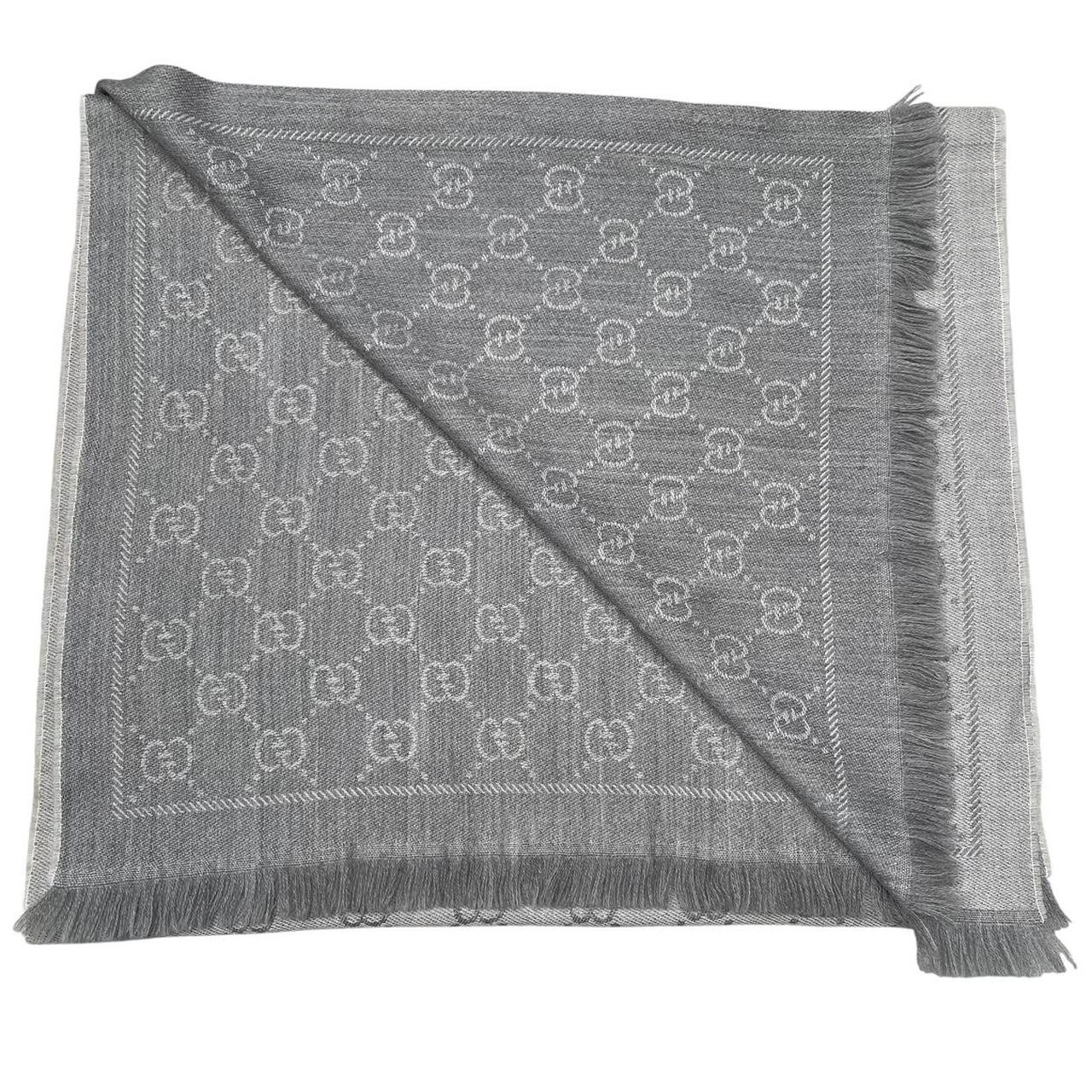 Gucci Grey GG Monogram Frayed Wool Scarf