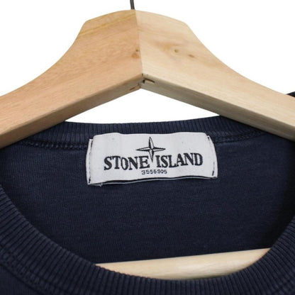 Stone Island navy blue sweatshirt with logo print and thin cotton material.