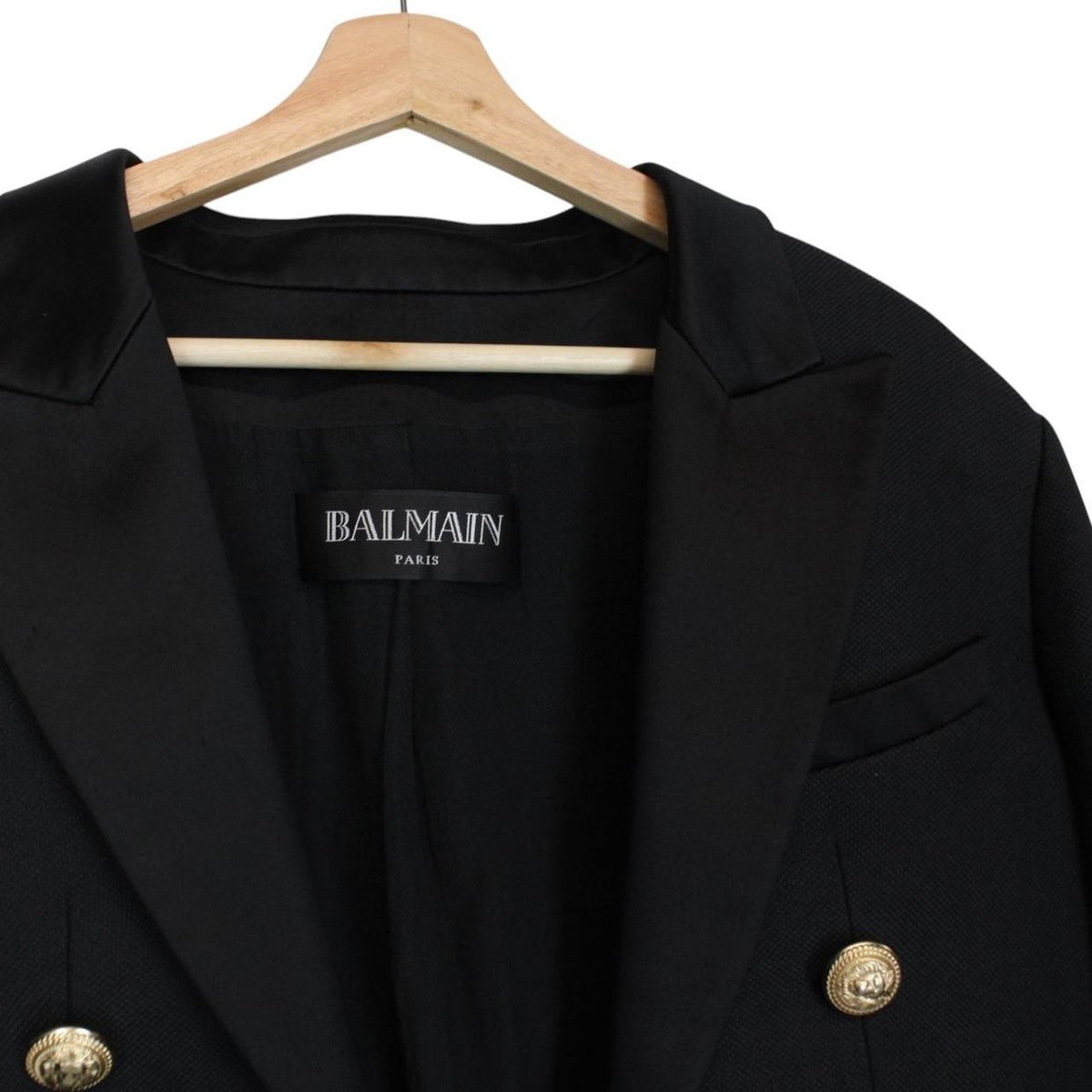 Balmain black cropped blazer jacket silk blend with gold buttons and logo detailing.