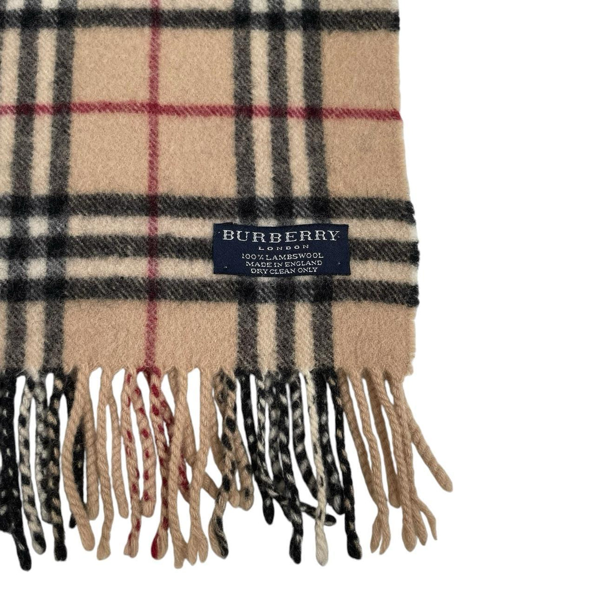 Burberry beige lambswool scarf featuring classic Nova Check pattern and logo.