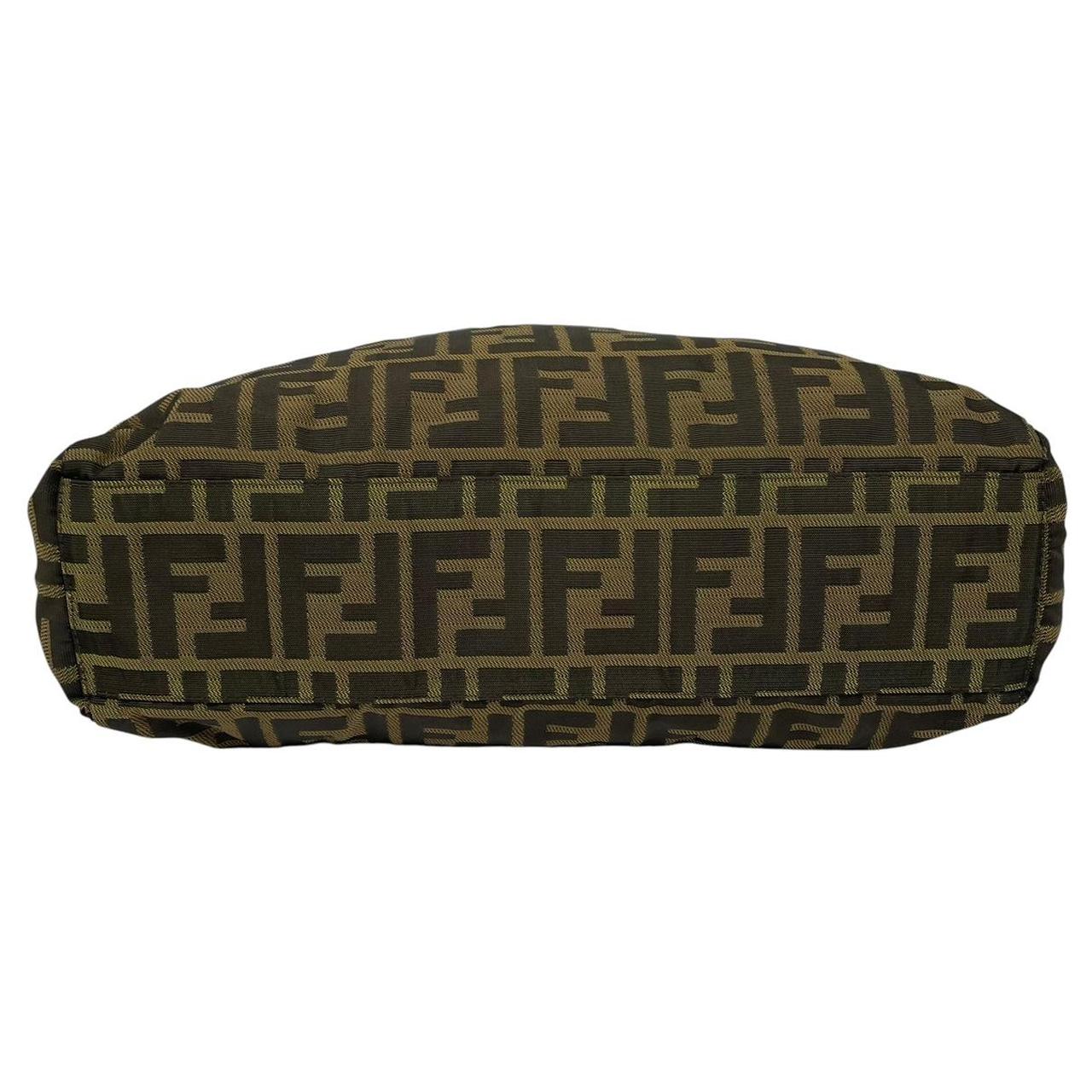 Fendi brown duffel bag featuring iconic Zucca monogram canvas and leather handles.
