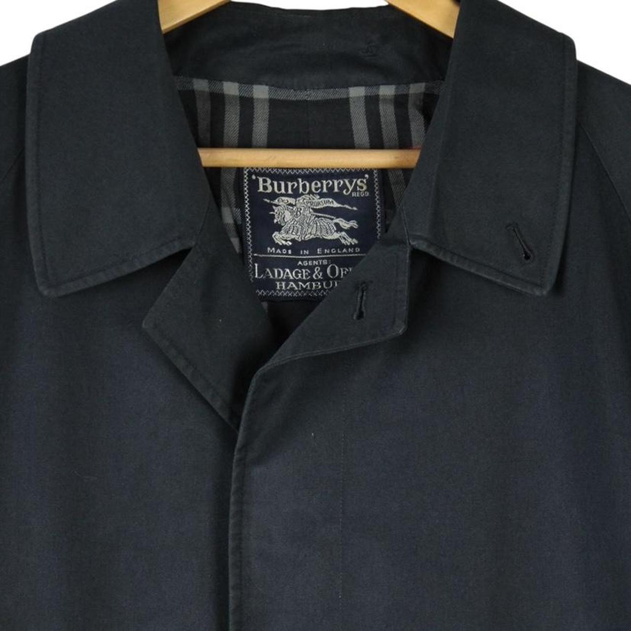 Burberry navy blue trench coat, belted, single breasted, vintage 90s style.