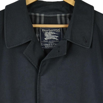 Burberry navy blue trench coat, belted, single breasted, vintage 90s style.