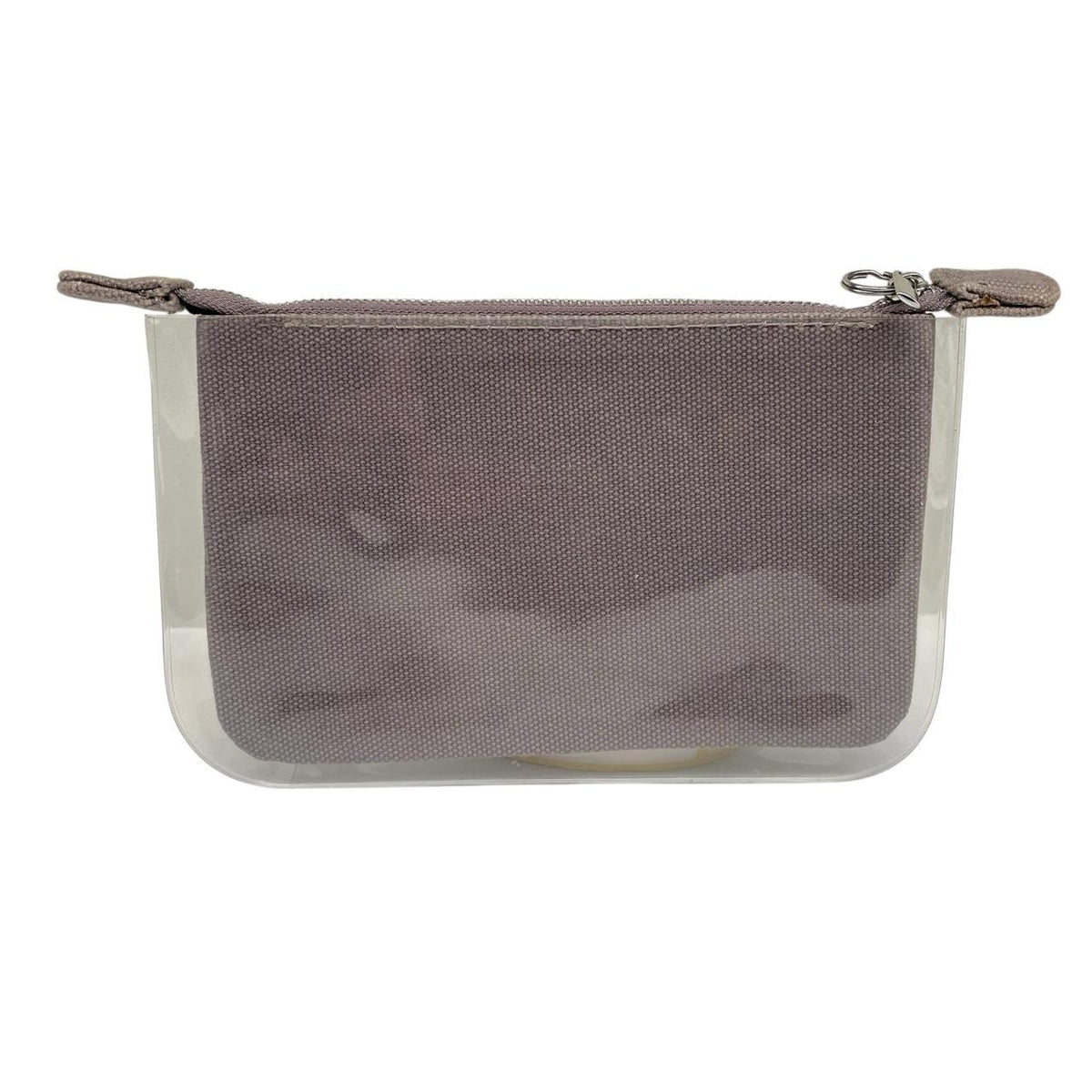 Louis Vuitton grey PVC clutch pouch with logo print and minor wear marks.