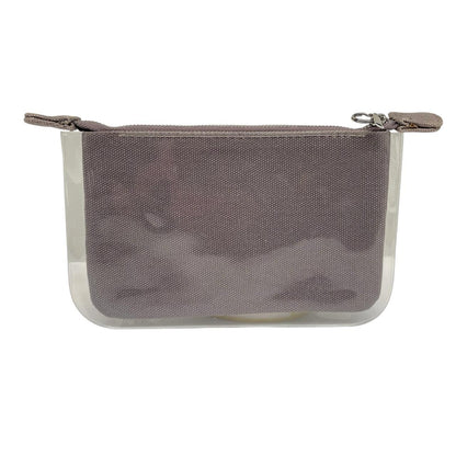 Louis Vuitton grey PVC clutch pouch with logo print and minor wear marks.