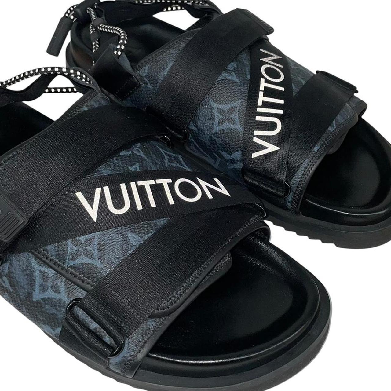 Louis Vuitton LV Monogram Navy Blue and Black Leather Honolulu Mule Sandals