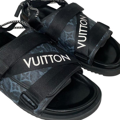 Louis Vuitton LV Monogram Navy Blue and Black Leather Honolulu Mule Sandals
