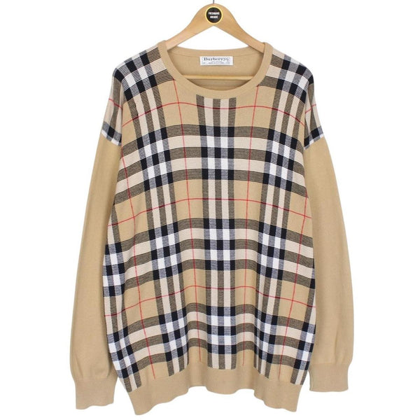 Vintage 90s Burberry Tan Brown Nova Check Cotton Knit Jumper