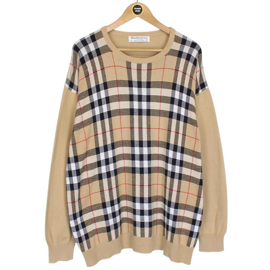 Vintage 90s Burberry Tan Brown Nova Check Cotton Knit Jumper
