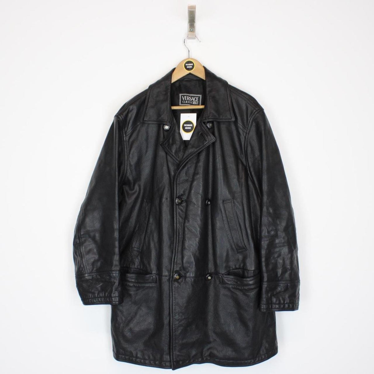 Vintage 90s Versace Classic Black Button Up Leather Coat