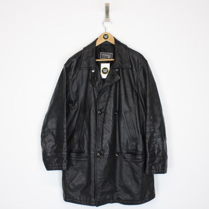 Vintage 90s Versace Classic Black Button Up Leather Coat
