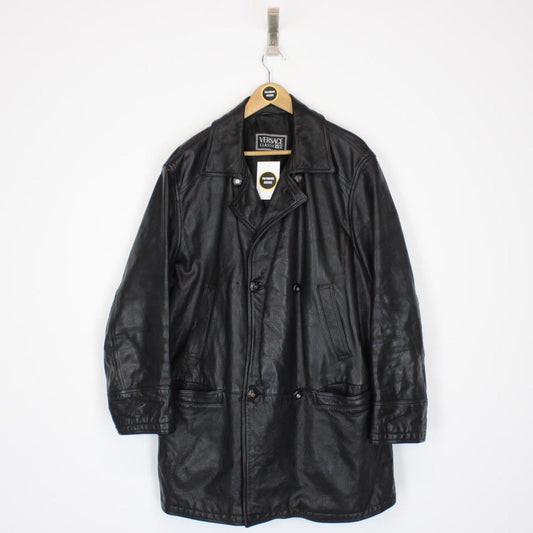 Vintage 90s Versace Classic Black Button Up Leather Coat