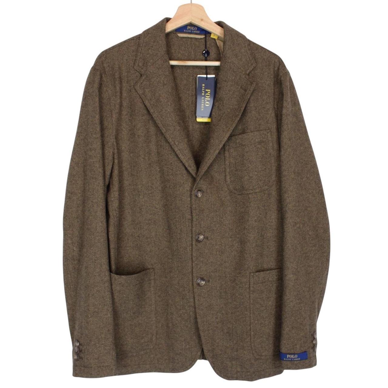 Polo Ralph Lauren brown herringbone wool blend sportcoat blazer with tags and logo.