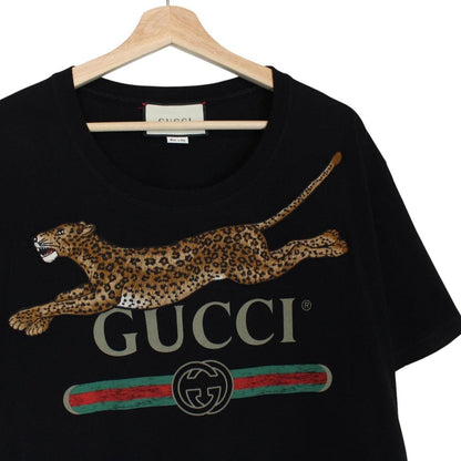 Gucci black cotton t-shirt with embroidered leopard print and oversized fit.