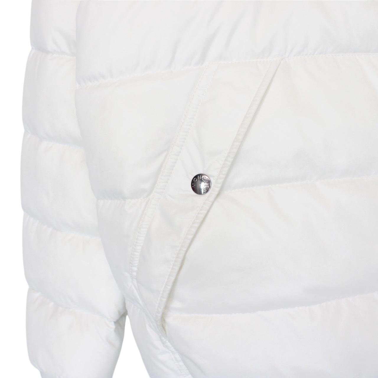 Moncler white and silver reversible down jacket with full zip and hood.