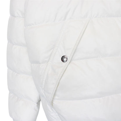 Moncler white and silver reversible down jacket with full zip and hood.
