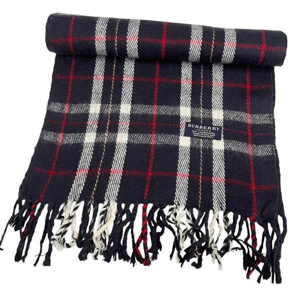 Vintage 90s Burberry Navy Blue Check Lambswool Scarf