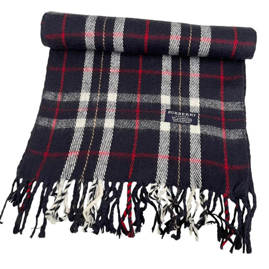 Vintage 90s Burberry Navy Blue Check Lambswool Scarf