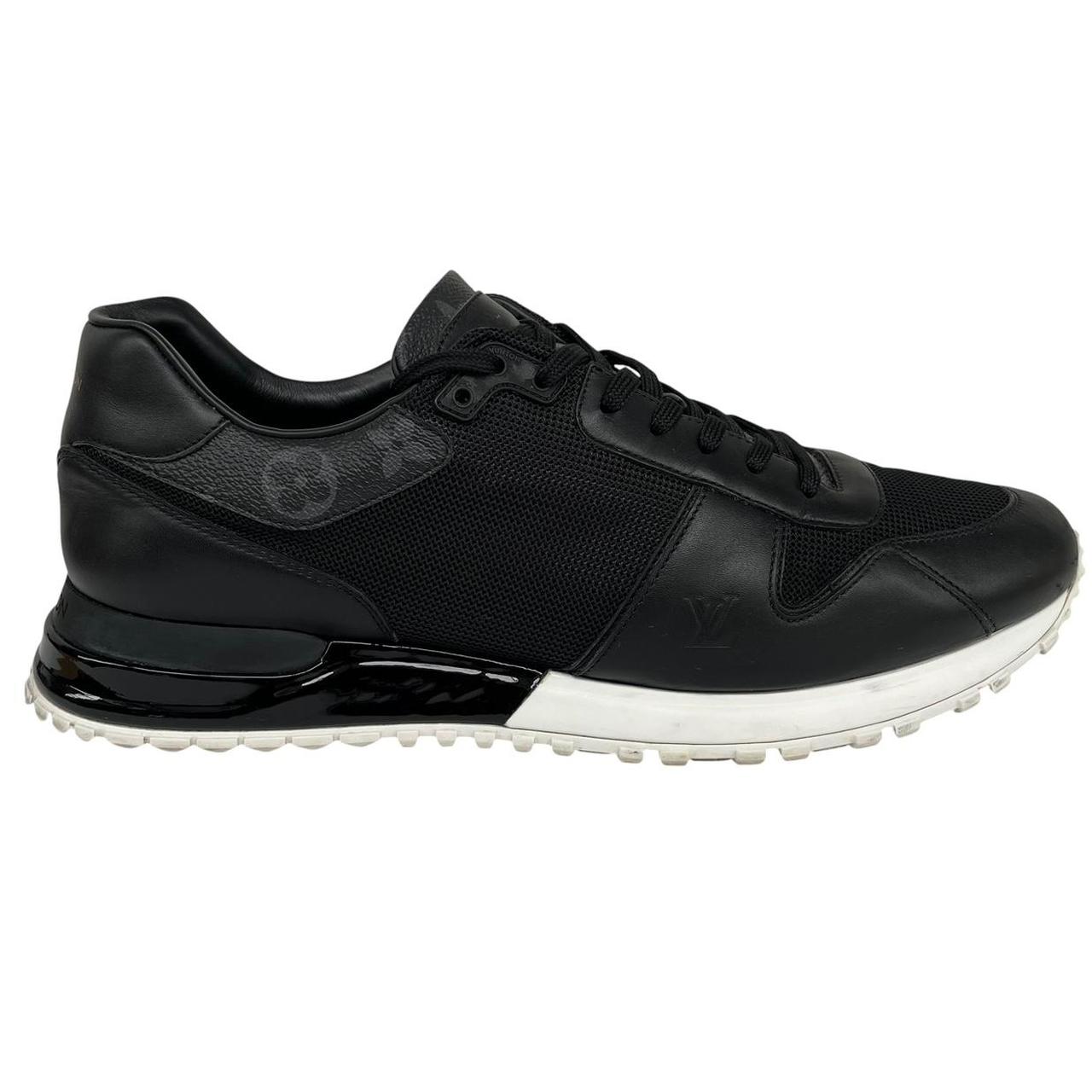 Louis Vuitton black trainers featuring monogram pattern and leather-mesh material.