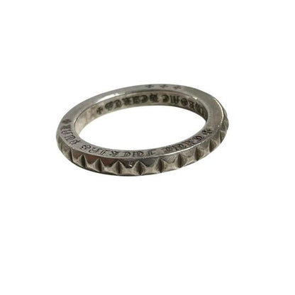 Chrome Hearts silver 3mm cross ring with engraved logo and minor scratches.