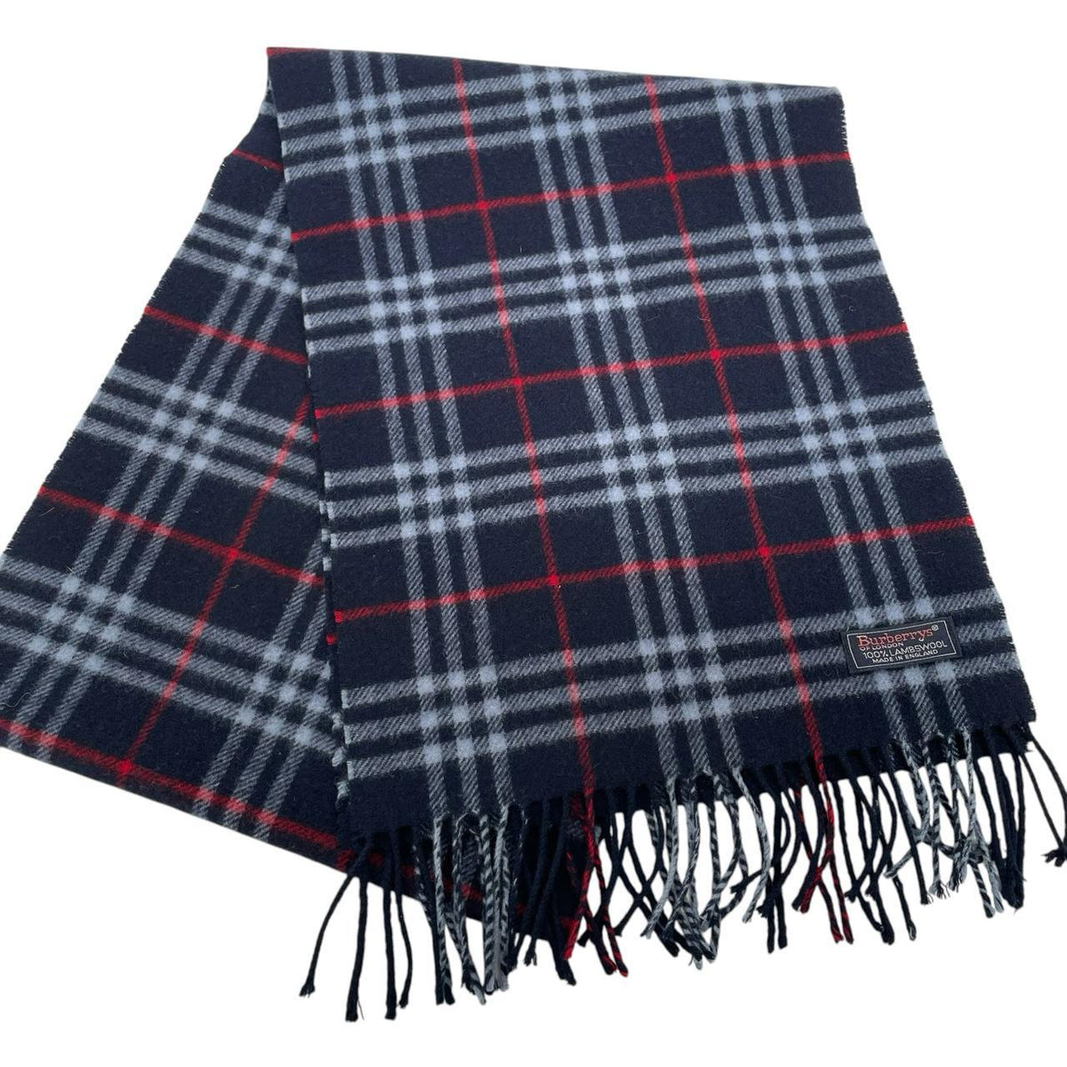 Burberry navy blue lambswool scarf with iconic Nova Check pattern.