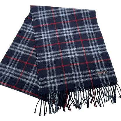 Burberry navy blue lambswool scarf with iconic Nova Check pattern.
