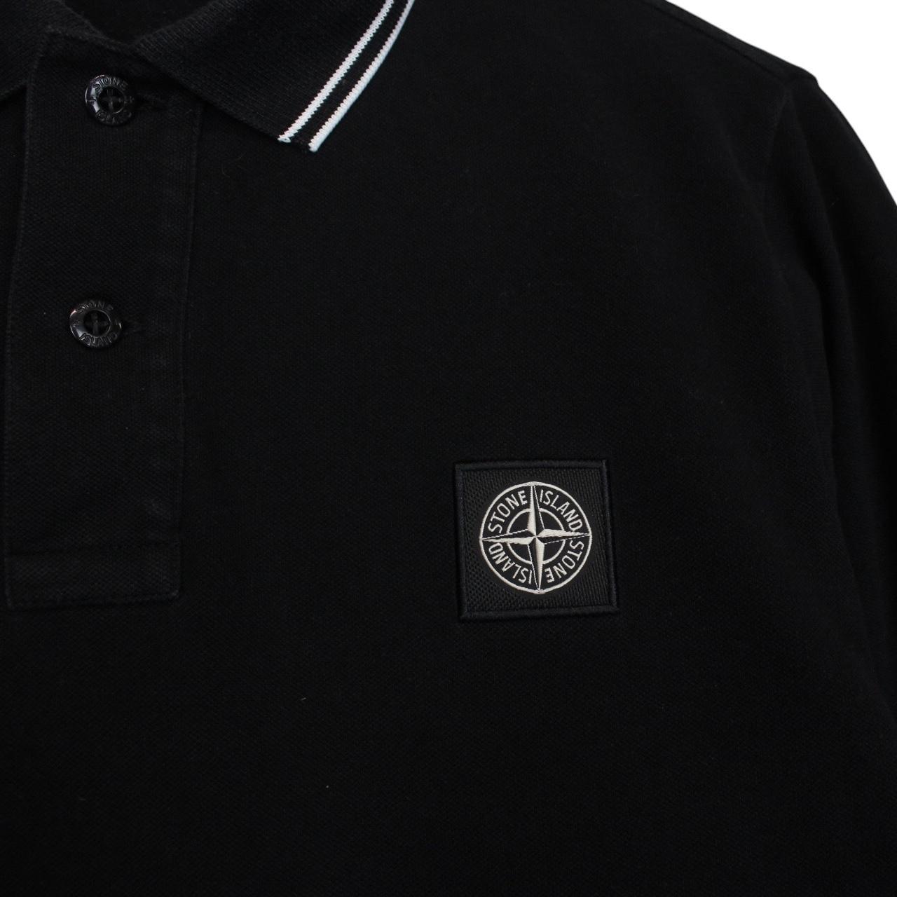 Stone Island black long sleeve polo shirt with embroidered compass logo and slim fit.