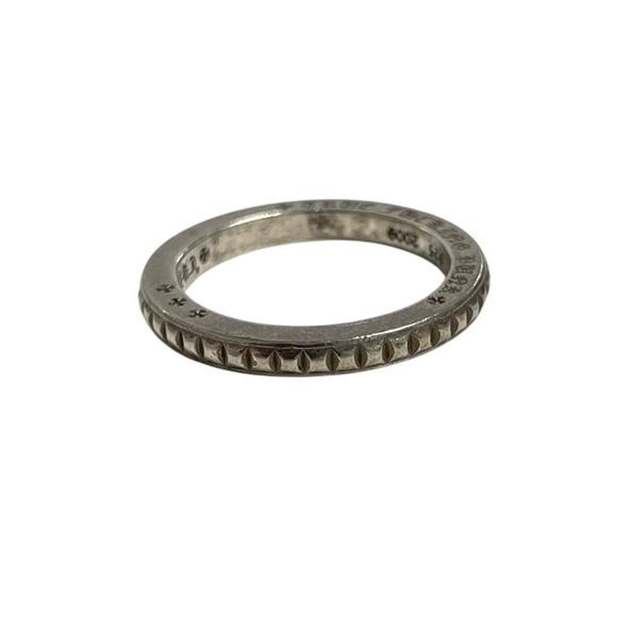 Chrome Hearts silver 3mm cross ring with logo detail, minor scratches from wear.