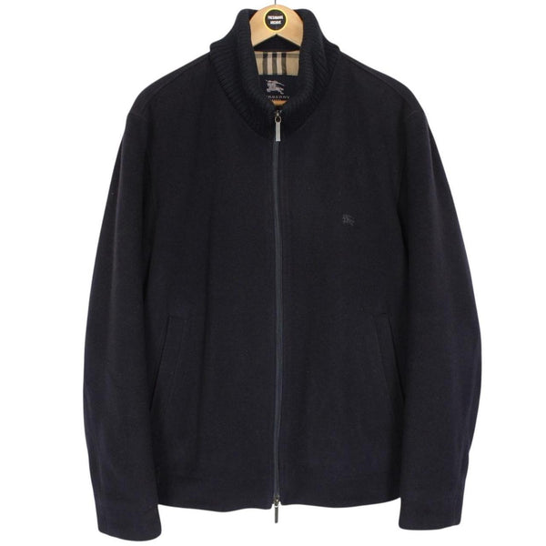 Burberry London Navy Blue Full Zip Nova Check Lined Cashmere Wool Jacket