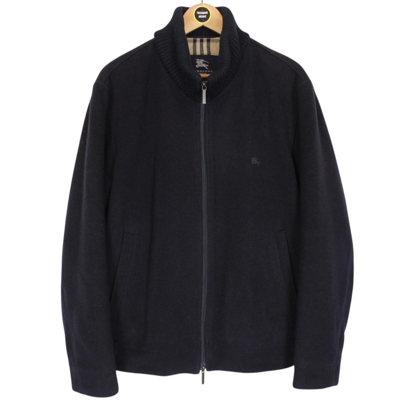 Burberry London Navy Blue Full Zip Nova Check Lined Cashmere Wool Jacket