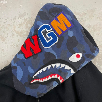 Bape Navy Blue Camo Full Zip WGM Shark Hoodie Jumper