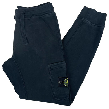 Stone Island navy blue joggers with logo patch and cotton material, pre-owned condition.