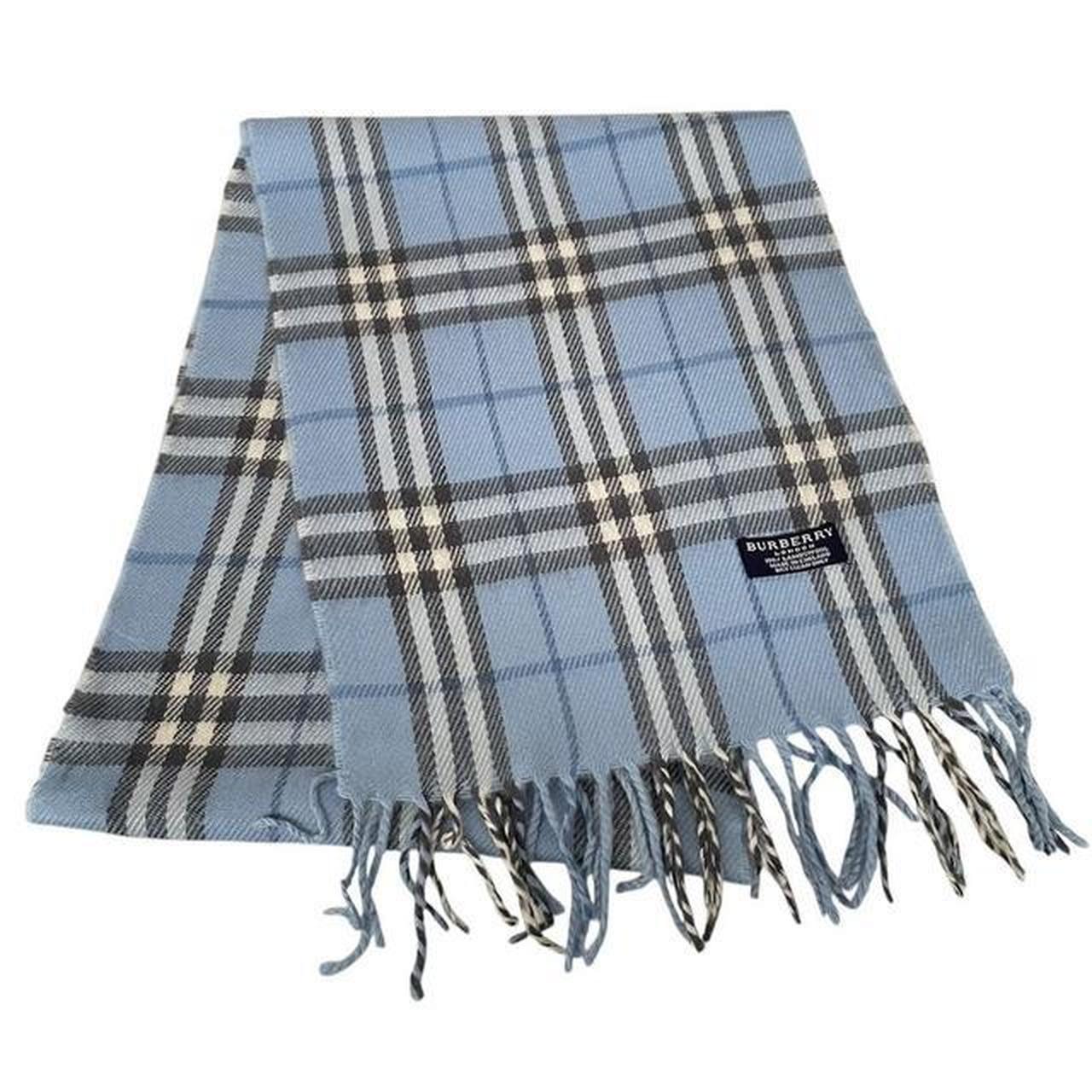 Vintage 90s Burberry Light Blue Nova Check Lambswool Scarf