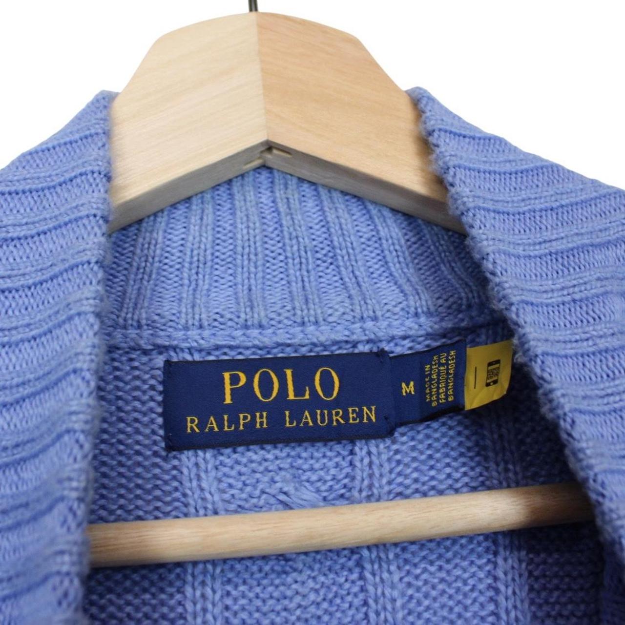 Polo Ralph Lauren blue cotton cable knit jumper with 1/4 zip and embroidered logo.