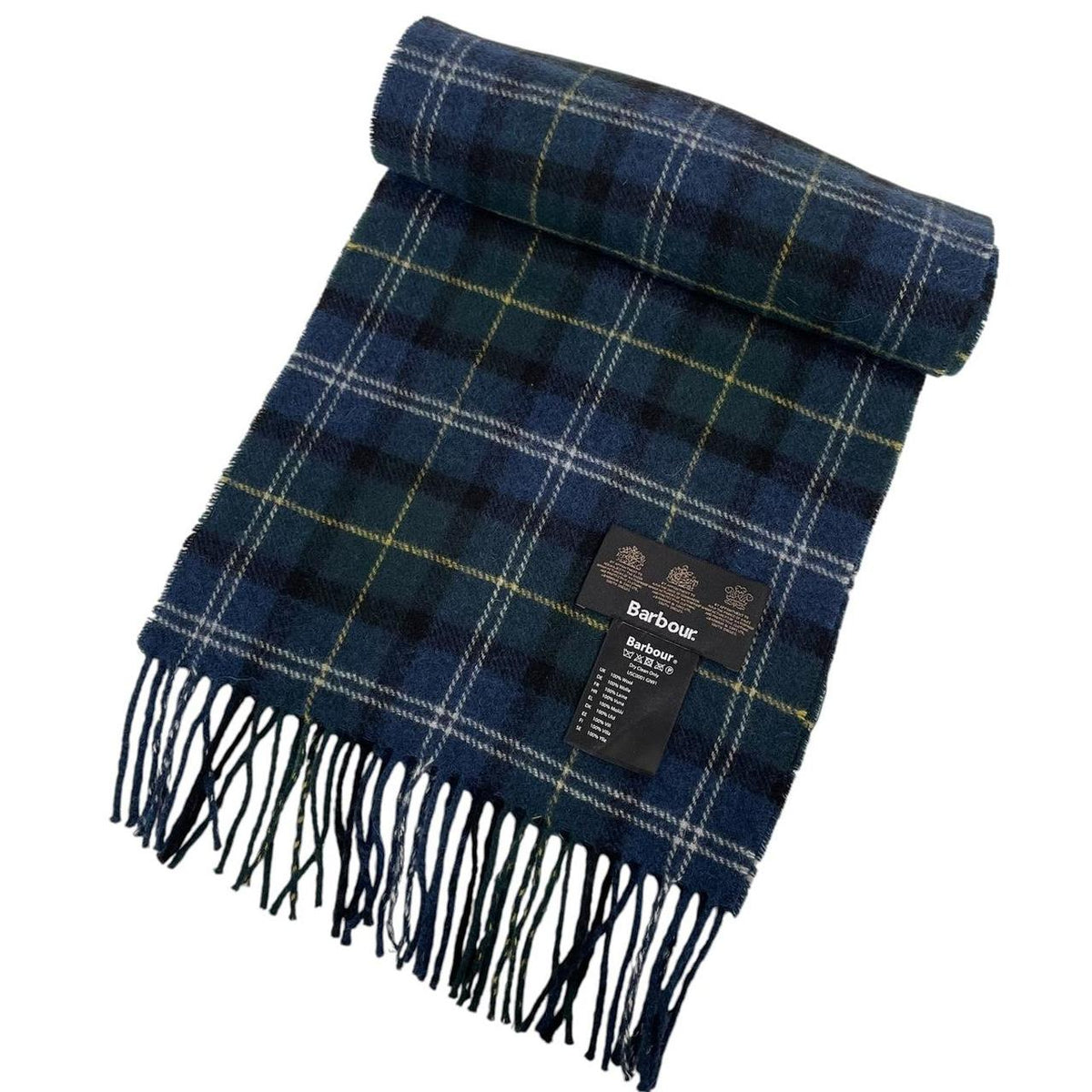 Barbour navy blue tartan check wool scarf with classic check pattern.