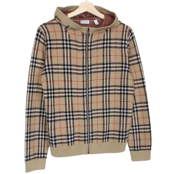 Burberry beige hoodie with Nova Check pattern and full zip design in wool.
