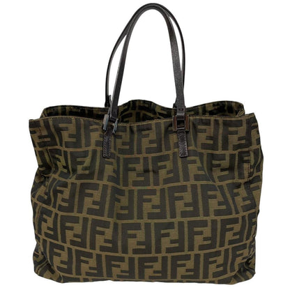 Fendi brown duffel bag featuring iconic Zucca monogram canvas and leather handles.
